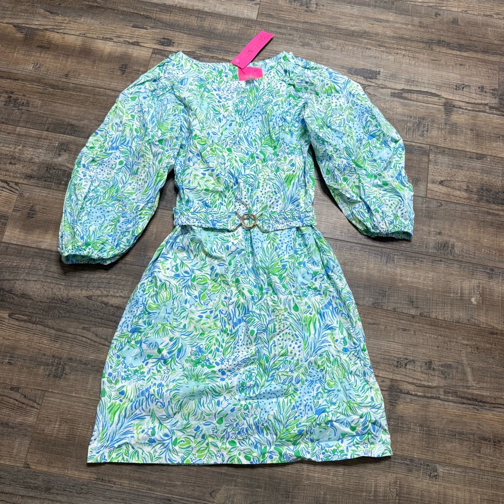 Lilly Pulitzer Barbara Dress Hydra Blue Dandy Lions Puff Sleeves 015992